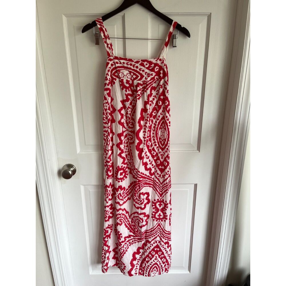 La Mandarine Red & White Sundress SZ Small 100% Cotton Ikat Print Flowy Boho Fun